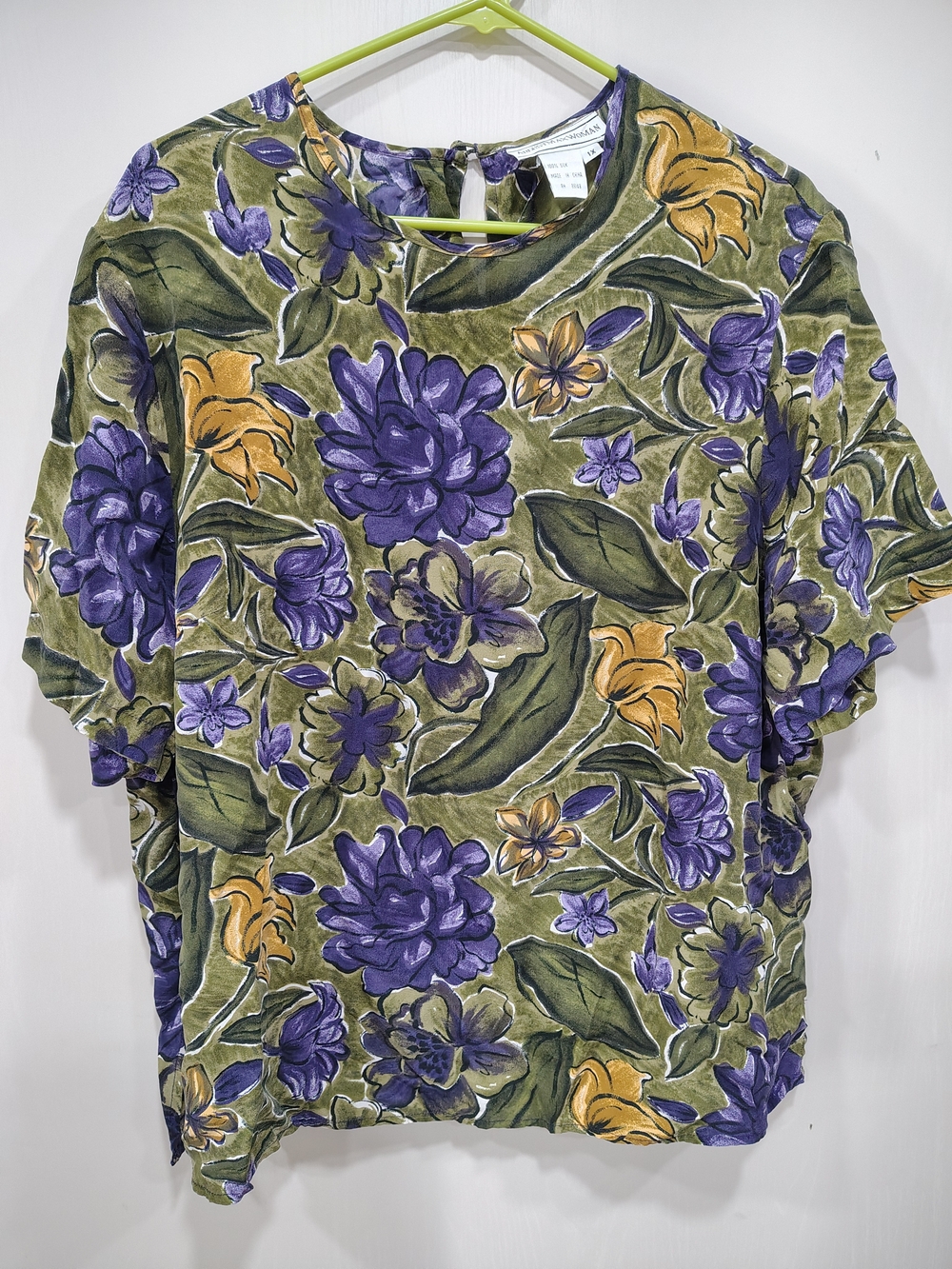 August Max Olive Floral Short-Sleeve Top with Purple & Mustard Blooms